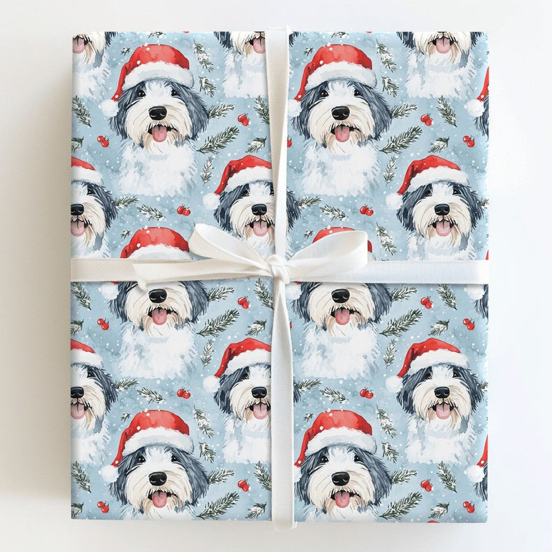 Dog in Santa Hat Gift Wrap, Old English Sheepdog Christmas Wrapping Paper, Holiday Dog Wrapping Paper, Festive Present Wrap