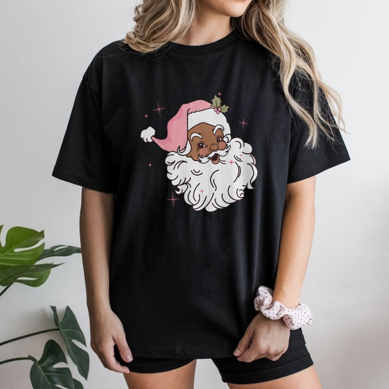 Retro Pink Hat Christmas Graphic Tee, Black Santa T-Shirt, African American Holiday Shirt, Inclusive Xmas Apparel for Women