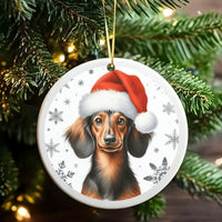 Santa Hat Dog Holiday Ornament, Dachshund Christmas Ornament, Adorable Weiner Dog Ceramic Ornament, Puppy Tree Decor, Present for Dog Lovers