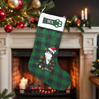 Green Plaid Cat Stocking, Personalized Tuxedo Cat Christmas Stocking, Custom Pet Holiday Stocking, Velboa Mantle Decor, Cat Lover Present Idea