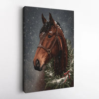 Brown Horse with Festive Wreath in Snow Canvas Print, Horse Christmas Wall Art, Winter Equestrian Canvas Art, Holiday Farmhouse Decor Present