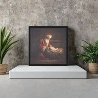 Religious Nativity Christmas Canvas Print, Santa Kneeling at Manger Canvas Wall Art, Holy Family Holiday Canvas, Christian Present