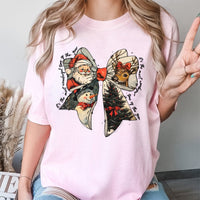 Retro Santa Reindeer Graphic Tee, Christmas Coquette Bow T-Shirt, Adorable Holiday Season T-Shirt, Girly Xmas Graphic Shirt, Holiday Present Tee