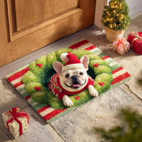 Holiday Dog Doormat, Festive Bulldog Christmas Door Mat, Winter Pet Lover Welcome Mat, Adorable Front Porch Entry Floor Decor Dog Present