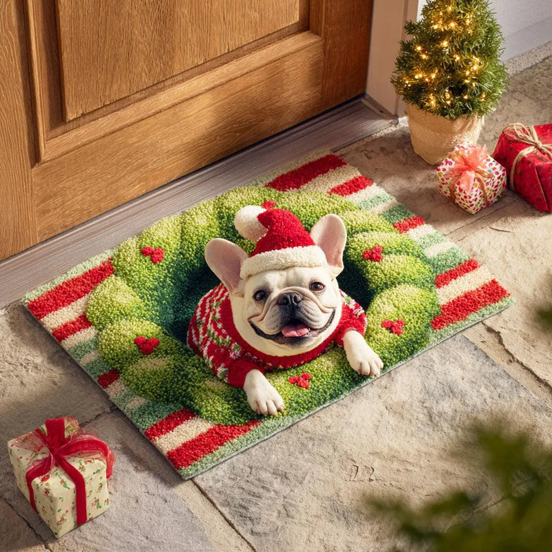Holiday Dog Doormat, Festive Bulldog Christmas Door Mat, Winter Pet Lover Welcome Mat, Adorable Front Porch Entry Floor Decor Dog Present