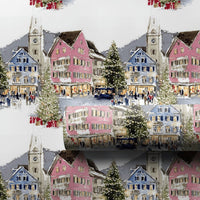 Snowy Town Holiday Gift Wrap, Watercolor European Christmas Village Wrapping Paper, Festive Winter Present Wrap, Christmas Tree Paper Roll