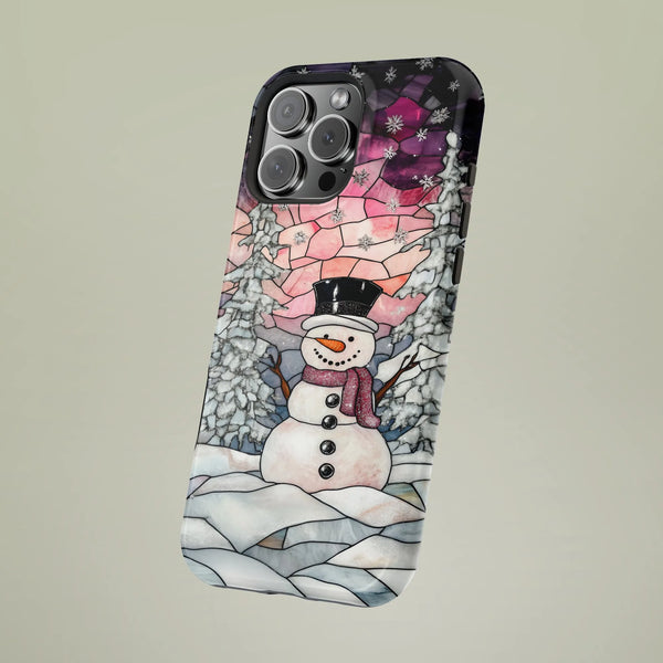 Winter Stained Glass iPhone Case, Snowman Phone Case iPhone, Snowy Tree Phone Case iPhone, Adorable Christmas Holiday Tough P
