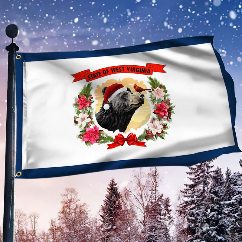 Black Bear Santa Hat Wreath Yard Flag, West Virginia Christmas House Flag, Festive Holiday Outdoor Flag, Winter Lawn Decor