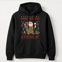 Humorous Sloth Christmas Sweatshirt, Overstimulated & Festive AF Hoodie, Wine Lover Xmas Pullover, Holiday Humor Sloth Hooded Sweatshirt