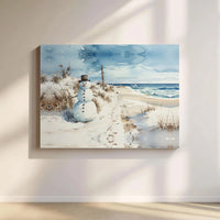 Watercolor Coastal Canvas Wall Art, Winter Beach Snowman Canvas Print, Tropical Holiday Canvas Art, Adorable Christmas Season Wall Decor Present