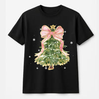 Adorable Coquette Christmas T-Shirt, Pink Bow Watercolor Christmas Tree Shirt, Aesthetic Christmas Graphic Tee, Festive Holiday Shirt, Xmas Present