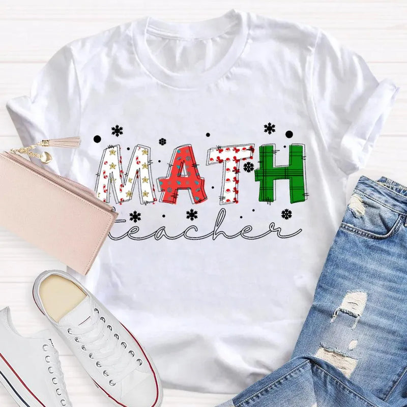 Colorful Snowflake Holiday Font Shirt, Math Teacher Christmas T-Shirt, Adorable Mathematics Educator Graphic Tee, Xmas Teacher Present