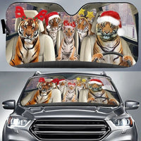 Holiday Animal Windshield Cover, Tiger Family Christmas Car Sunshade, Festive Auto Sun Shade, Xmas Tiger Car Decor, Winter Car Present