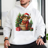 Baby Cow in Barrel Sweatshirt, Christmas Highland Cow Hoodie, Festive Farm Animal Pullover, Holiday Cow Hooded Sweatshirt, Xmas Present