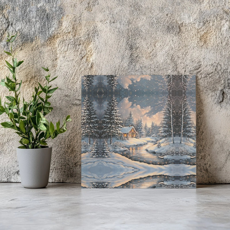 Snowy Forest Cottage Landscape Painting Canvas, Winter Cabin Canvas Wall Art, Comfy Christmas Wall Decor, Holiday Season Canvas Print
