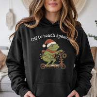 Humorous Frog on Scooter Hoodie, Speech Therapist Christmas Hoodie, Adorable SLP Holiday Sweatshirt, Speech Language Pathologist Pullover Hoodie