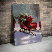 Red Sleigh Pine Garland Wall Art, Vintage Christmas Sleigh Canvas Print, Rustic Holiday Sleigh Canvas, Winter Sleigh Wall Decor