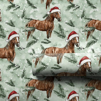 Equestrian Santa Hat Gift Wrap, Brown Horse Christmas Wrapping Paper, Watercolor Winter Horse Wrapping Paper, Green Holiday Horse Gift Wrap
