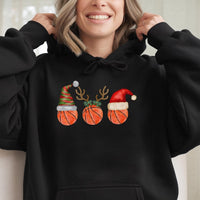 Santa Hat Reindeer Antlers Sweatshirt, Basketball Christmas Hoodie, Humorous Basketball Holiday Pullover, Xmas Sports Fan Hooded Sweater