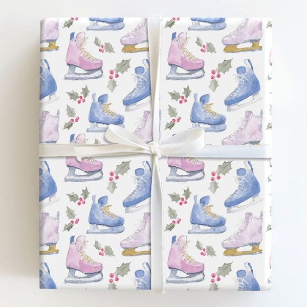 Watercolor Winter Holiday Gift Wrap, Ice Skates Wrapping Paper, Christmas Ice Skating Wrapping Paper, Adorable Holly Berry Gi