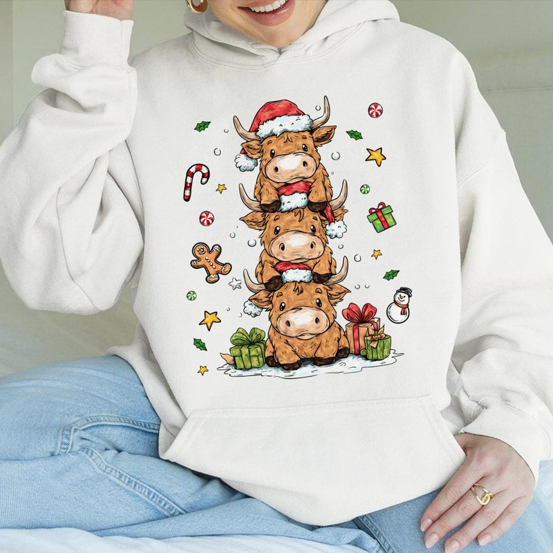 Stacked Farm Animal Holiday Sweatshirt, Adorable Highland Cow Christmas Hoodie, Festive Rustic Cow Pullover, Comfy Winter Xmas Hoodie
