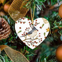Winter Berries Ceramic Ornament, Watercolor Titmouse Bird Heart Ornament, Nature Lover Christmas Tree Ornament, Holiday Keepsake Present