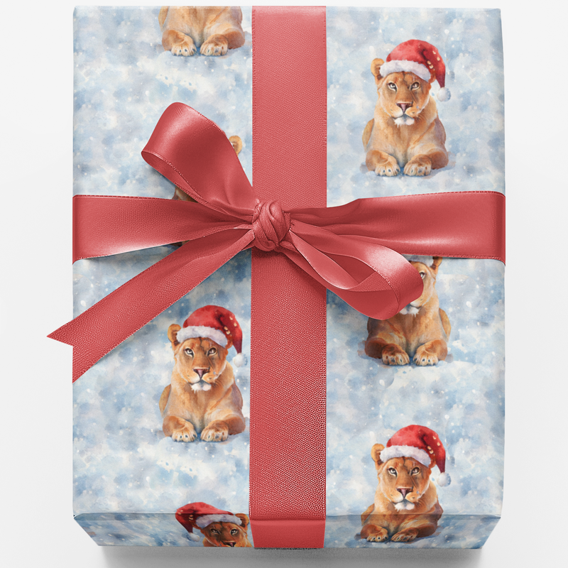 Santa Hat Christmas Gift Wrap, Winter Lioness Wrapping Paper, Festive Wildlife Holiday Wrapping Paper, Adorable Animal Gift Wrap Paper Roll