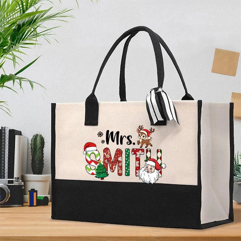 Custom Name Holiday Canvas Tote, Personalized Christmas Cotton Tote Bag, Festive Shopper Bag, Winter Shoulder Bag, Xmas Present