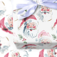 Adorable Christmas Face Gift Wrap, Watercolor Santa Holly Wrapping Paper, Festive Red Berry Holiday Wrapping Paper, Xmas Present Wrapping Paper