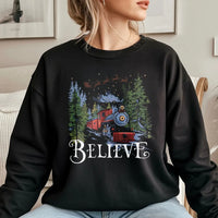 Retro Holiday Graphic Sweater, Believe Christmas Train Sweatshirt, Magical Winter Train Crewneck, Vintage Christmas Sweatshirt, Xmas Present
