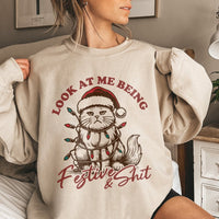 Grumpy Kitten in Santa Hat Crewneck, Humorous Cat Christmas Sweatshirt, Sarcastic Holiday Cat Mom Pullover, Adorable Xmas Present for Cat Lovers