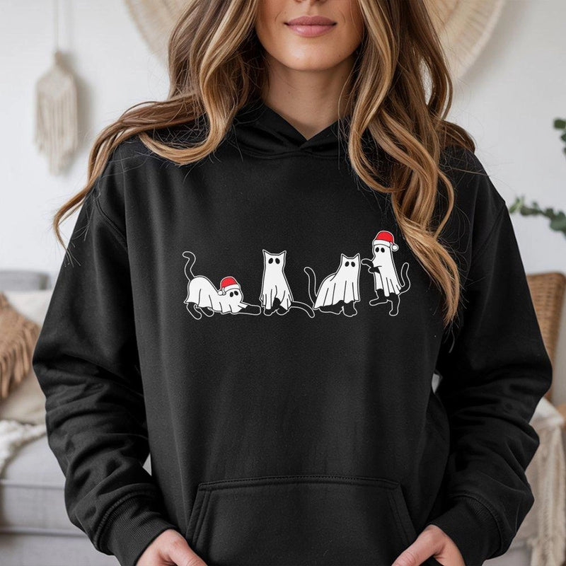 Spooky Santa Hat Kitten Hooded Sweatshirt, Christmas Ghost Cat Hoodie, Humorous Holiday Cat Lover Pullover Hoodie, Adorable Winter Graphic Sweater