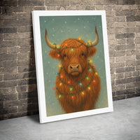 Festive Farmhouse Holiday Canvas Print, Highland Cow Christmas Canvas Wall Art, Comfy Rustic Winter Canvas Art, Seasonal Home Decor Present