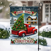 All Hearts Come Home for Christmas Yard Flag, Christmas Red Truck Garden Flag, Vintage Red Truck Holiday Garden Flag, Winter Lawn Decor