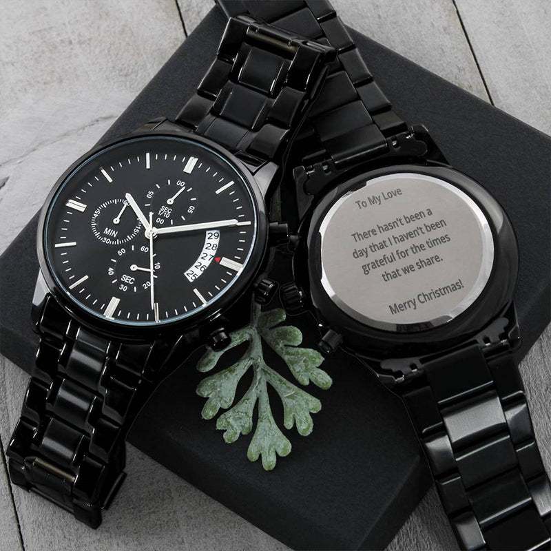 Custom Engraved Black Watch, Personalized Chronograph Watch, Stainless Steel Quartz Wrist Watch, Christmas Present, Anniversary Present