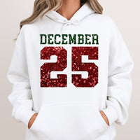 Glitter Red and Green Holiday Hoodie, December 25 Christmas Hoodie, Festive Winter Graphic Pullover Hoodie, Adorable Xmas Hooded Sweatshirt