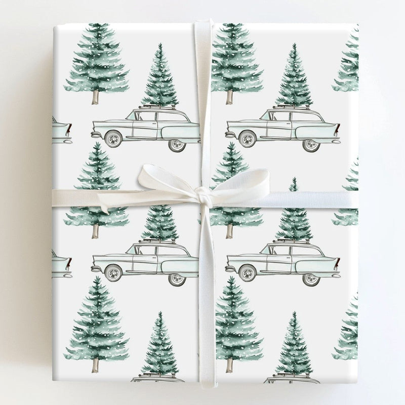 Watercolor Pine Christmas Wrapping Paper, Retro Blue Car with Tree Wrapping Paper, Vintage Winter Holiday Gift Wrap, Festive Xmas Paper Roll