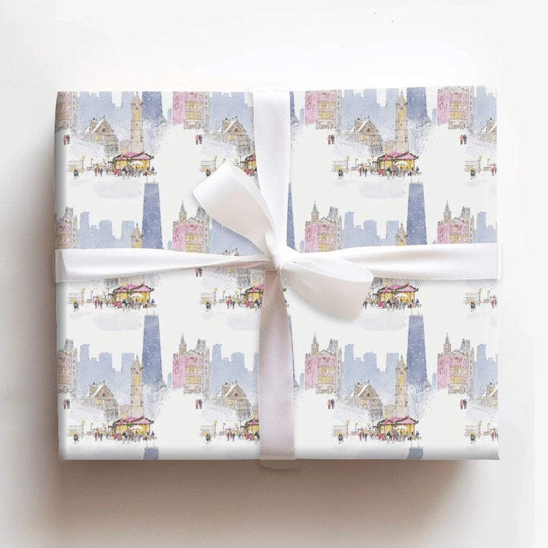Snowy Skyline Watercolor Gift Wrap, Chicago Christmas Market Wrapping Paper, Festive Holiday Cityscape Present Wrap, Winter Gift Wrap Roll
