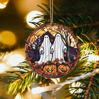 Spooky Pumpkin Holiday Ornament, Stained Glass Ghost Christmas Ornament, Halloween Jack-o-Lantern Ceramic Ornament, Adorable Ghostly Present