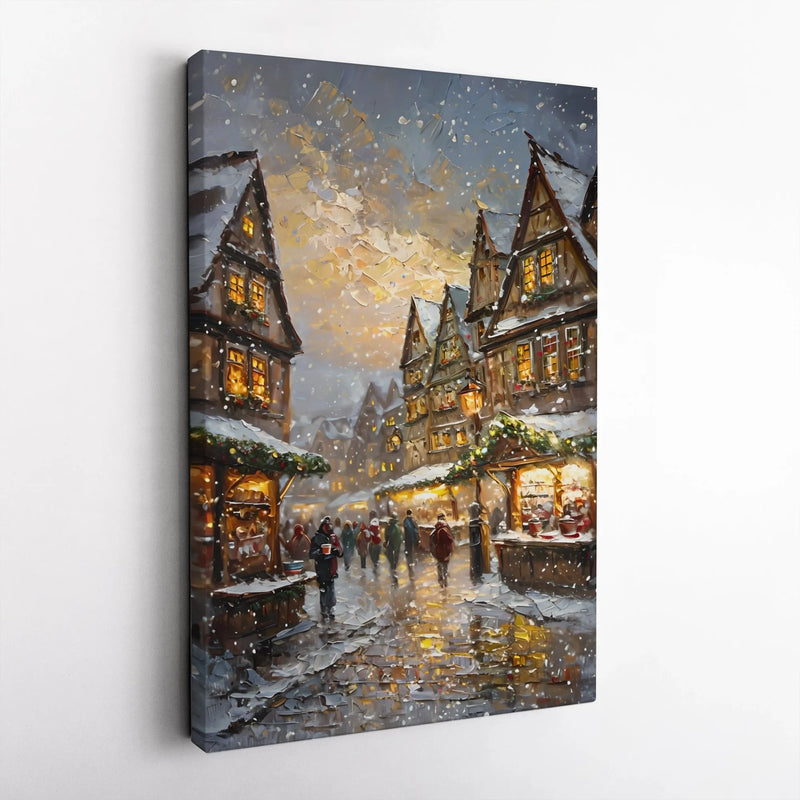 Vintage Holiday Winter Village Print, Snowy European Christmas Market Canvas Wall Art, Festive Town Canvas Decor Digital Download Printable