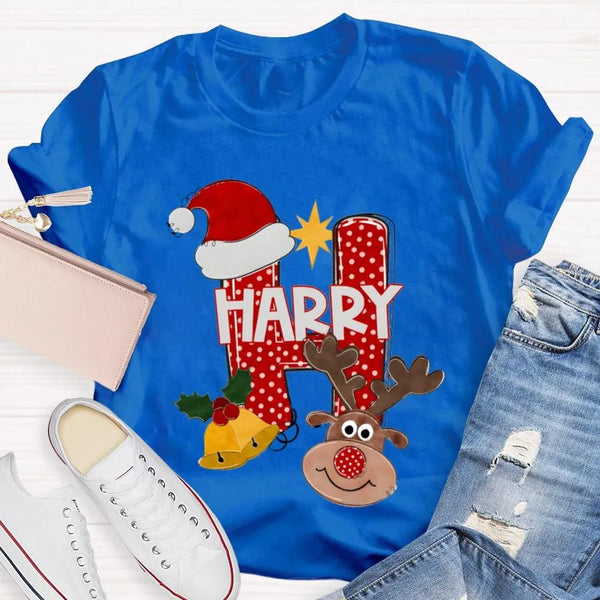 Santa Hat Elk Holiday Shirt, H Is for Happy Christmas Shirt, Humorous Christmas Graphic Tee, Festive Family Holiday Shirt, Ad