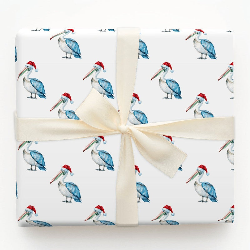 Santa Hat Pelican Gift Wrap, Christmas Pelican Wrapping Paper, Coastal Holiday Wrapping Paper, Nautical Beach Christmas Gift Wrapping Paper