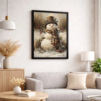 Vintage Winter Holiday Canvas Wall Art, Rustic Snowman Canvas Print, Farmhouse Christmas Canvas Painting, Festive Seasonal Decor Present