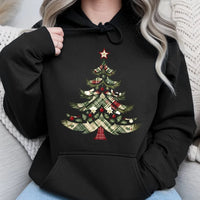 Festive Holiday Graphic Hooded Sweatshirt, Vintage Plaid Christmas Tree Hoodie, Comfy Winter Tree Pullover, Xmas Holiday Season Present