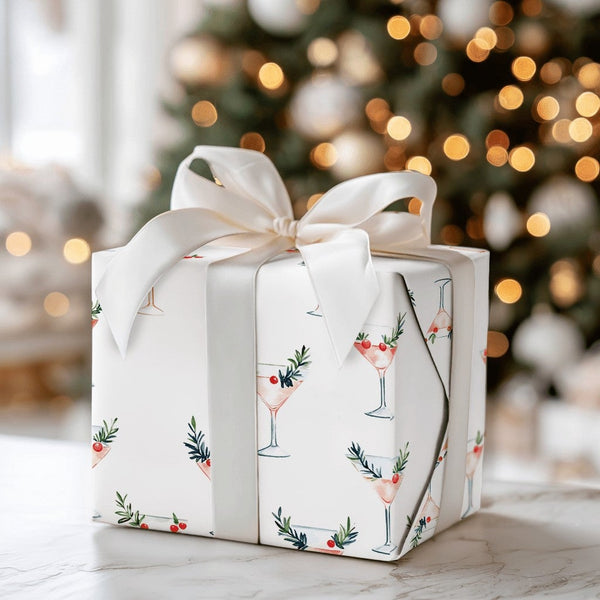 Watercolor Holiday Cocktail Gift Wrap, Pink Martini Christmas Wrapping Paper, Chic Winter Party Wrapping Paper, Elegant Xmas 