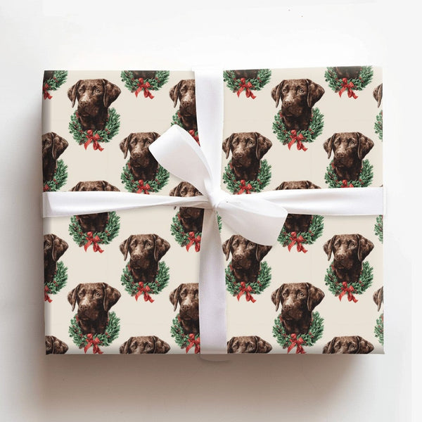 Dog Holiday Wreath Gift Wrap, Chocolate Labrador Christmas Wrapping Paper, Adorable Lab Puppy Christmas Wrapping Paper, Dog L