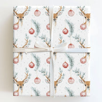 Woodland Deer Holiday Gift Wrap, Watercolor Reindeer Christmas Wrapping Paper, Ornament Wrapping Paper, Rustic Christmas Gift Wrap Roll
