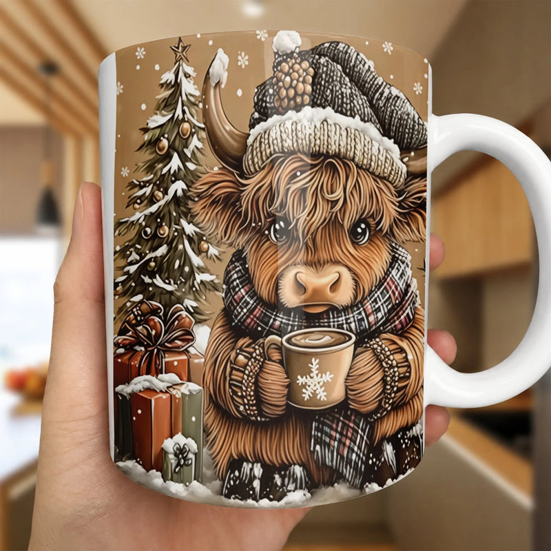 Festive Winter Coffee Mug, Highland Cow Christmas Mug, Highland Cow Holiday Ceramic Mug, Adorable Cow Xmas Coffee Cup, Animal Lover Present