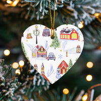 Snowy Winter Town Ceramic Ornament, Watercolor Christmas Village Heart Ornament, Holiday Landscape Tree Ornament, Christmas Keepsake