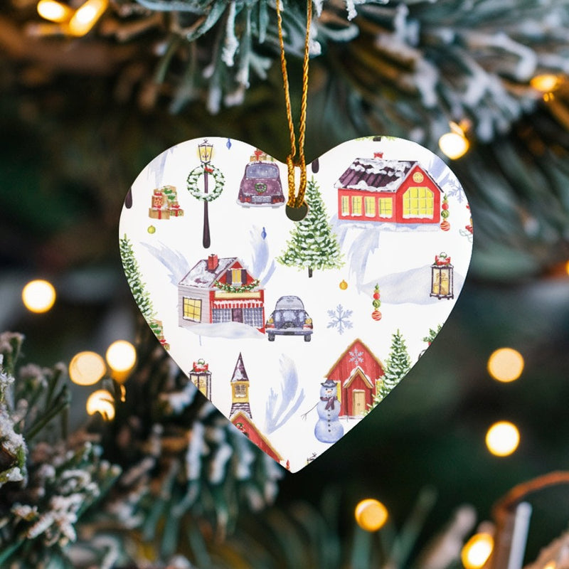 Snowy Winter Town Ceramic Ornament, Watercolor Christmas Village Heart Ornament, Holiday Landscape Tree Ornament, Christmas Keepsake